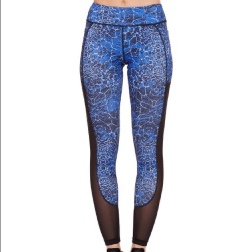 Blue leopard print yoga leggings w mesh cutout